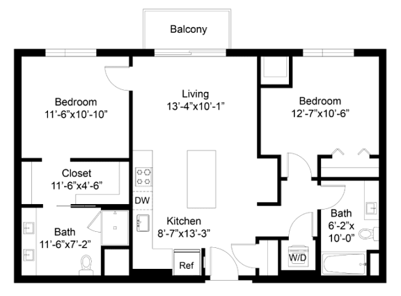 A floor plan of a house with a balcony, living room, kitchen, and bathrooms.
