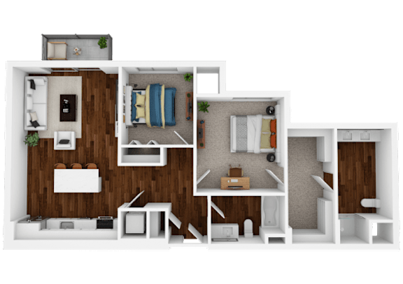A 3D rendered image of a small apartment layout.
