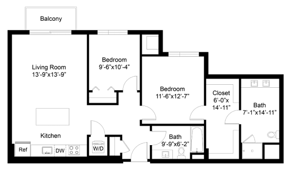 A floor plan of a house with a living room, two bedrooms, a bathroom, a kitchen, and a balcony.