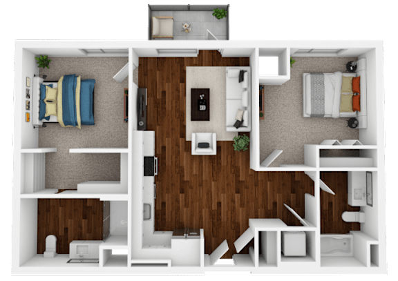 A 3D floor plan of a small apartment with a kitchen, living room, and bedroom.