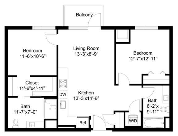 A floor plan of a house with a balcony, two bedrooms, a living room, a kitchen, a bath, a closet, and a laundry room.