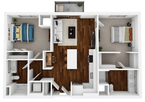 A top-down view of a small apartment with a kitchen, living room, and bedroom.