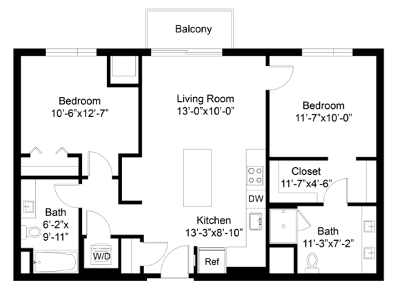 A floor plan of a house with a balcony, three bedrooms, a living room, a kitchen, a bathroom, a closet, and a laundry area.