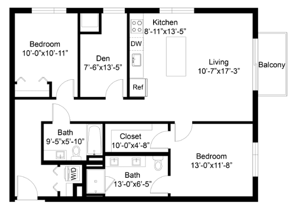 A floor plan of a house with labeled rooms and dimensions.