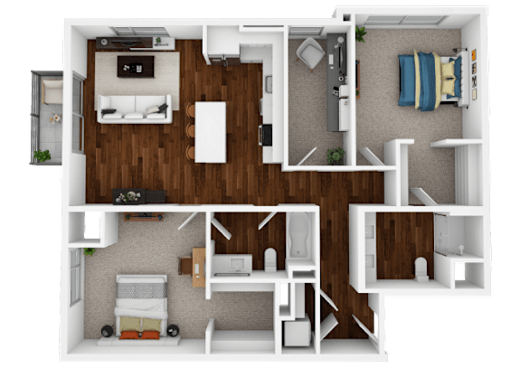 A top-down view of a small apartment with a kitchen, living room, and bedroom.