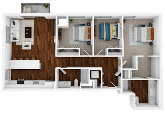 A 3D floor plan of a house showing a kitchen, living room, two bedrooms, and a bathroom.