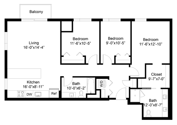 A floor plan of a house with a balcony, living room, kitchen, and four bedrooms.