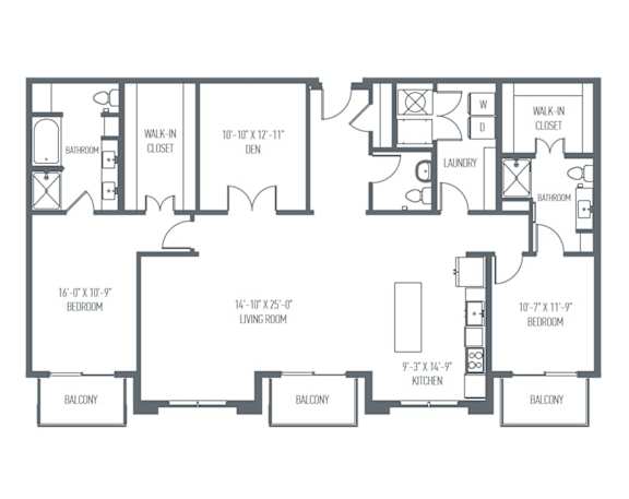 A floor plan of a house with three bedrooms, a living room, a kitchen, a laundry room, and three balconies.