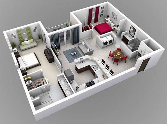 A 3D rendered image of a modern apartment layout.