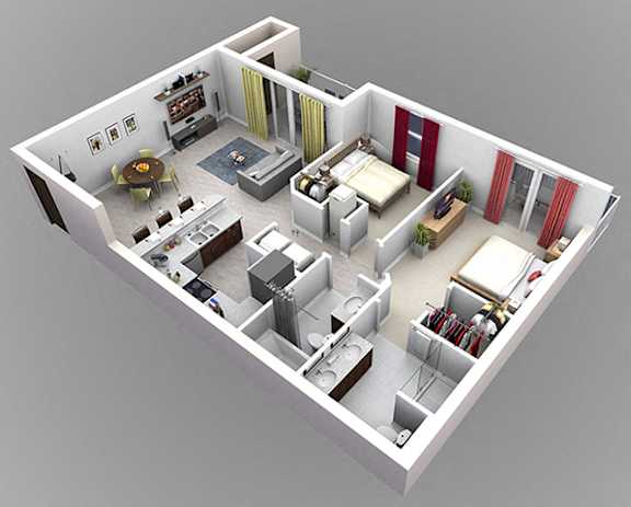 A 3D rendered image of a modern apartment layout.
