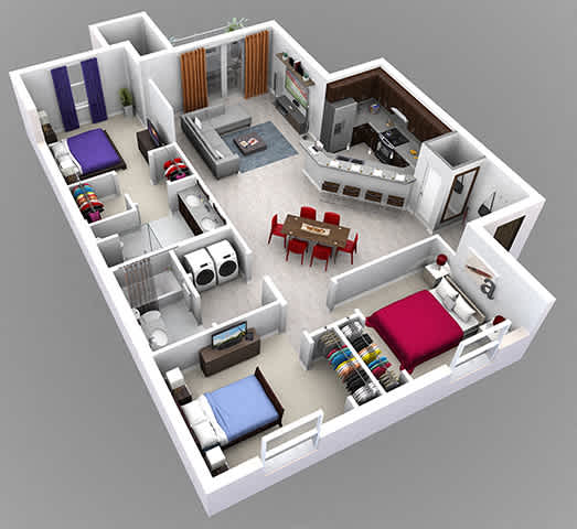 A 3D floor plan of a small apartment with a living room, kitchen, and bedrooms.