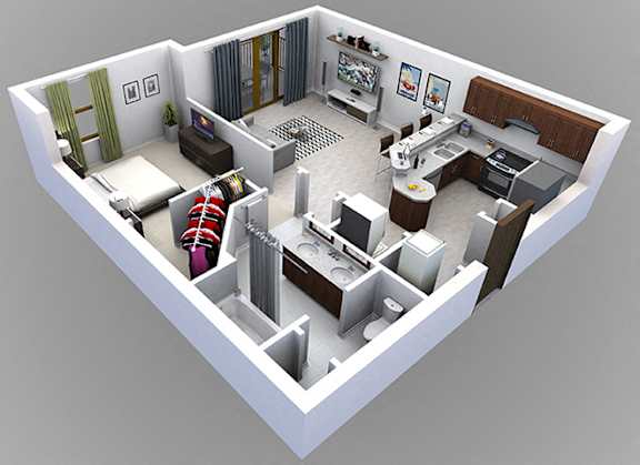 A 3D floor plan of a house showing a living room, kitchen, and bathroom.