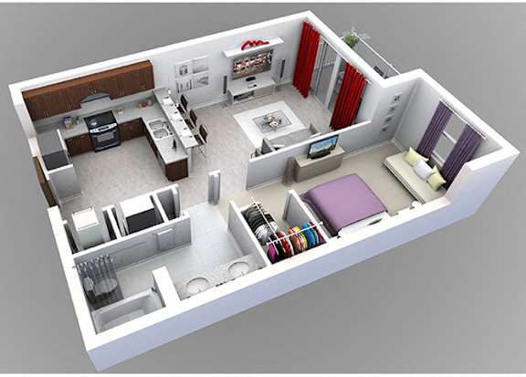 A 3D rendered image of a modern apartment layout.