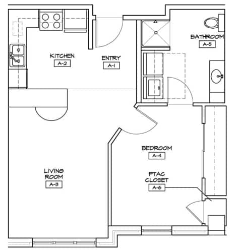 A floor plan of a house with labeled rooms such as Bathroom, Kitchen, Living Room, Bedroom, and Entry.