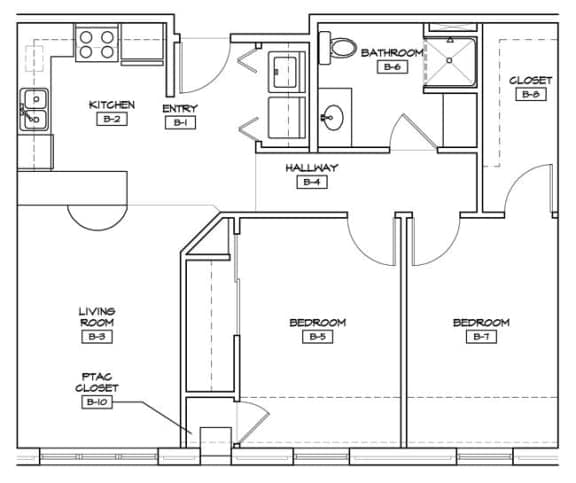 A floor plan of a house with labeled rooms such as kitchen, living room, and bedrooms.