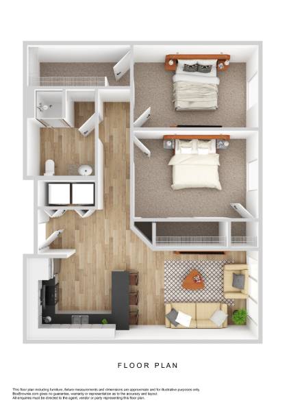 A floor plan of a small apartment with a kitchen, living room, and bedroom.