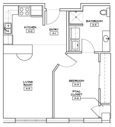 A floor plan shows a living room, kitchen, bathroom, and bedroom.