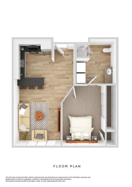 A floor plan of a small apartment with a living room, kitchen, and bedroom.