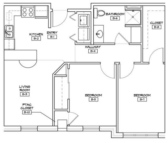 A floor plan of a house with labeled rooms such as kitchen, living room, and bathroom.