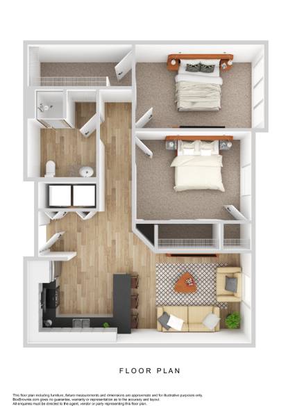A floor plan of a small apartment with a kitchen, living room, and bedroom.