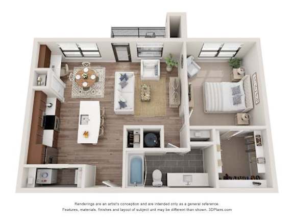 A 3D floor plan of a house with a kitchen, living room, and bathroom.