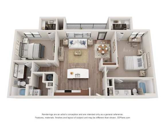 A 3D floor plan of a house with a kitchen, living room, and two bedrooms.