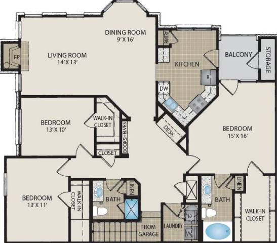 Floor Plan  A floor plan of a house with a living room, dining room, kitchen, and four bedrooms.