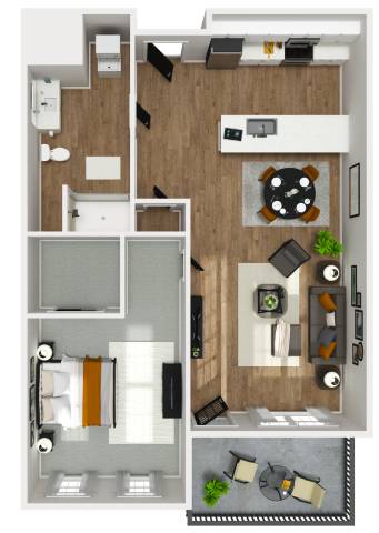 A floor plan of a small apartment with a kitchen, living room, and two bedrooms.