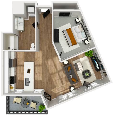 A 3D floor plan of a house showing a kitchen, living room, and bathroom.