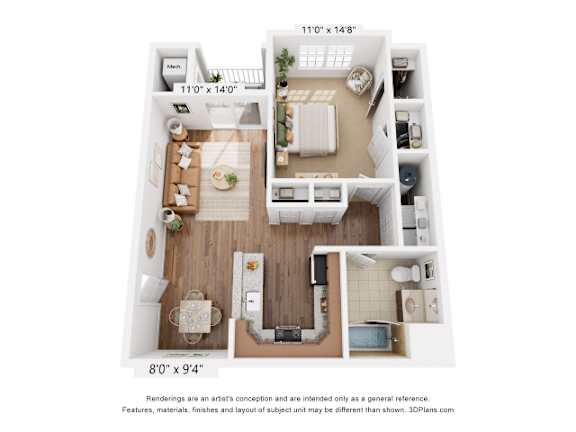 A 3D floor plan of a small apartment with a kitchen, living room, and bathroom.