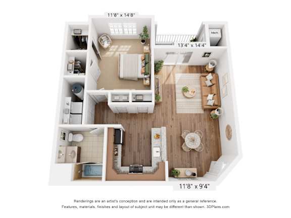 A 3D floor plan of a small apartment with a kitchen, living room, and bathroom.