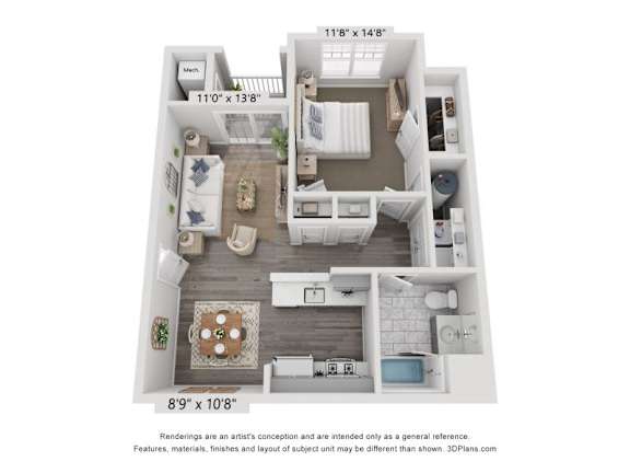 A 3D floor plan of a small apartment with a kitchen, living room, and bathroom.