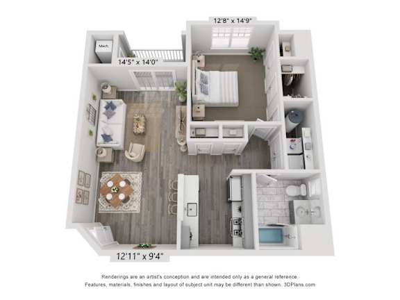 A 3D floor plan of a small apartment with a kitchen, living room, and bathroom.