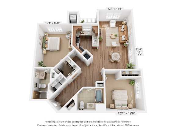 A 3D floor plan of a two-bedroom apartment.