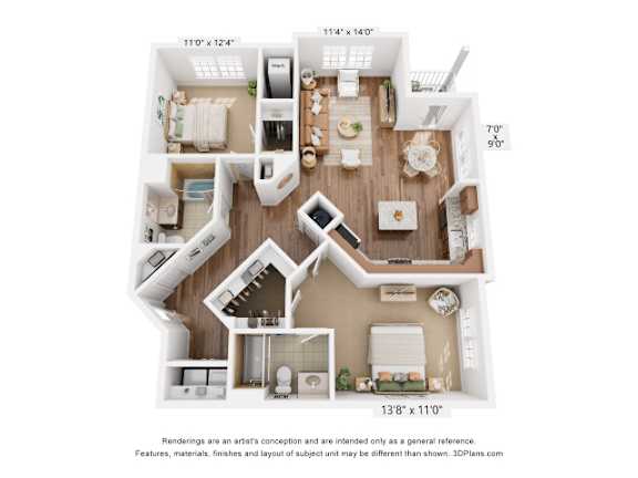 A 3D floor plan of a house with a kitchen, living room, and two bedrooms.