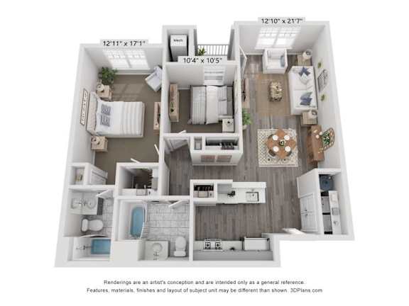 A floor plan of a two-bedroom apartment with a living room, kitchen, and bathroom.