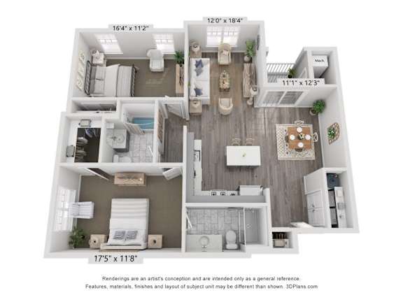 A floor plan of a house with a living room, kitchen, and two bedrooms.