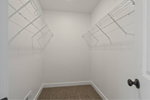 A white closet with a carpeted floor and a black door.