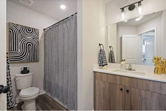 A bathroom with a toilet, a shower curtain, a mirror, and a cabinet.