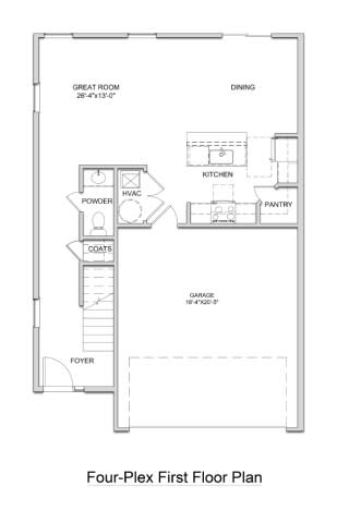 A floor plan of a four-plex first floor.