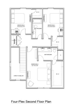 A floor plan of a four-plex second floor.