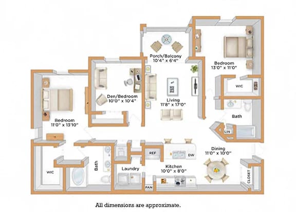 A floor plan of a house with a den, two bedrooms, a living room, a dining room, a kitchen, a laundry room, a bathroom, and a WIC room.