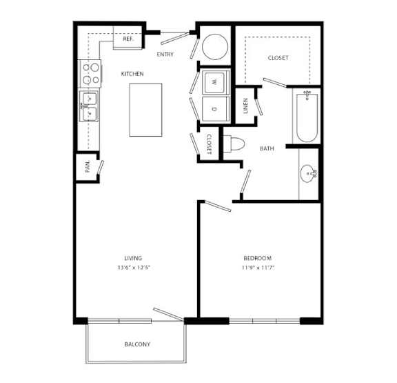 Floor Plan  A black and white floor plan of a home with a living room, kitchen, bathroom, bedroom, and balcony.