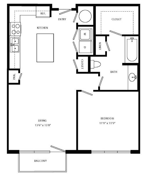 Floor Plan  A black and white floor plan of a small apartment with a living room, kitchen, two bedrooms, a bathroom, and a balcony.