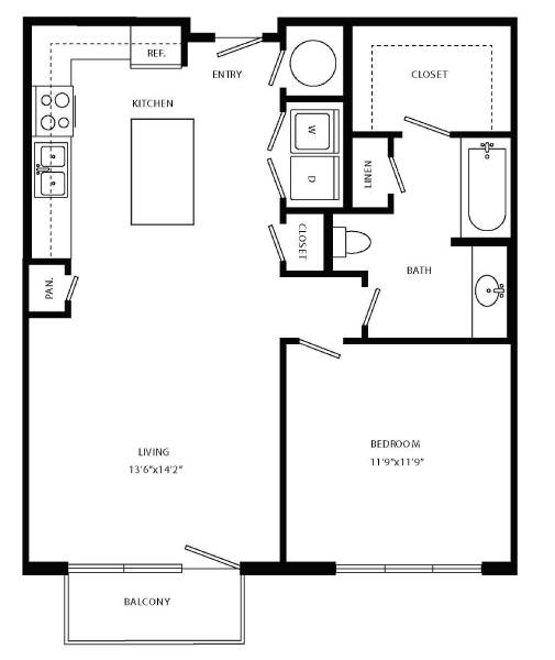 Floor Plan  A floor plan of a small apartment with a living room, kitchen, bedroom, bathroom, and balcony.