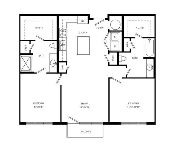 Floor Plan  A black and white floor plan of a house with three bedrooms, a living room, a kitchen, two bathrooms, a balcony, and two closets.