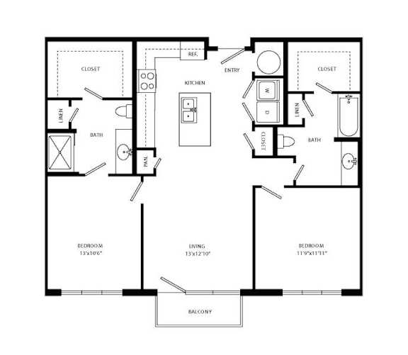 A black and white floor plan of a house with three bedrooms and a balcony.