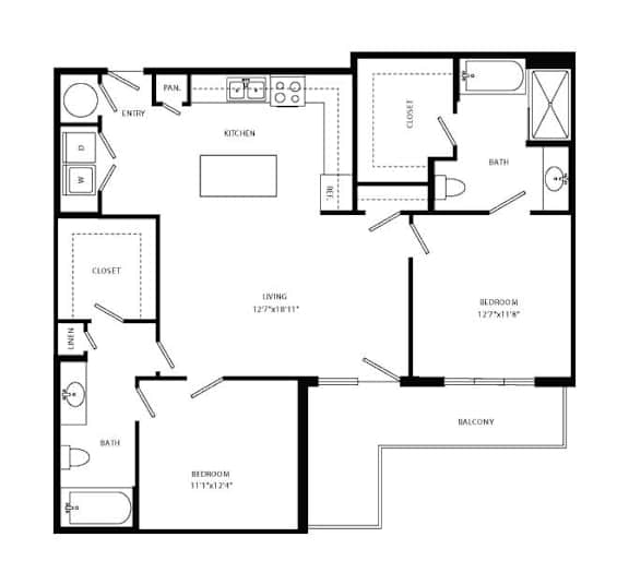 Floor Plan  A black and white image of a floor plan for a small apartment.