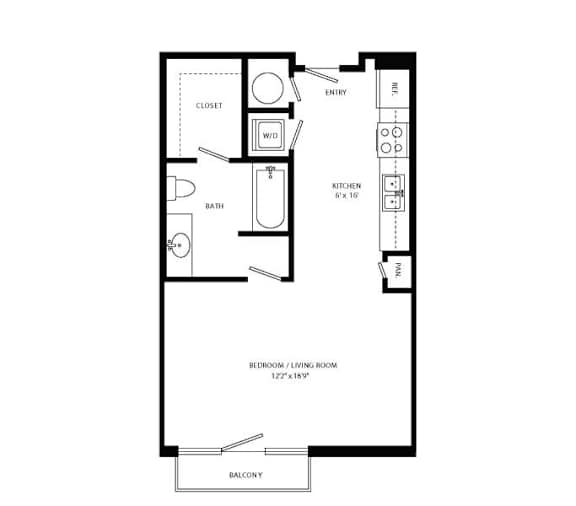 Floor Plan  A floor plan of a small apartment with a bedroom, living room, kitchen, and bathroom.