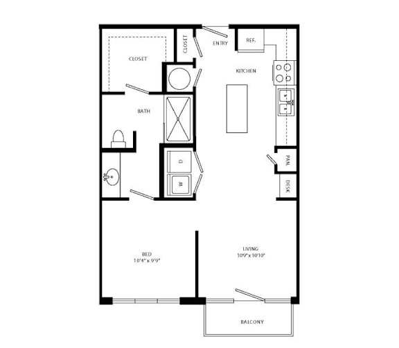 Floor Plan  A floor plan of a small apartment with a bed, bath, kitchen, and living room.